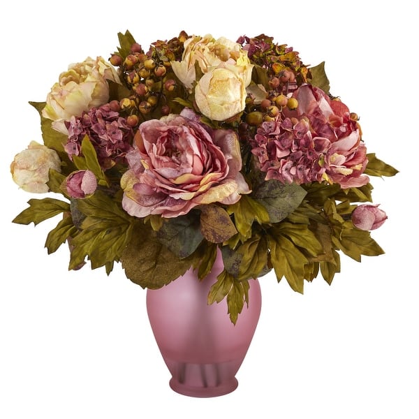 slide 2 of 3, 16" Peony Artificial Arrangement in Rose Colored Vase