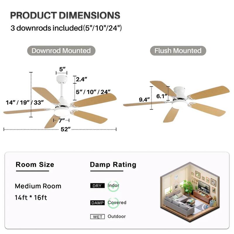 52 inch Integrated LED Ceiling Fan with Light and Remote, Flush Mount and Downrd Mount - 52 inch
