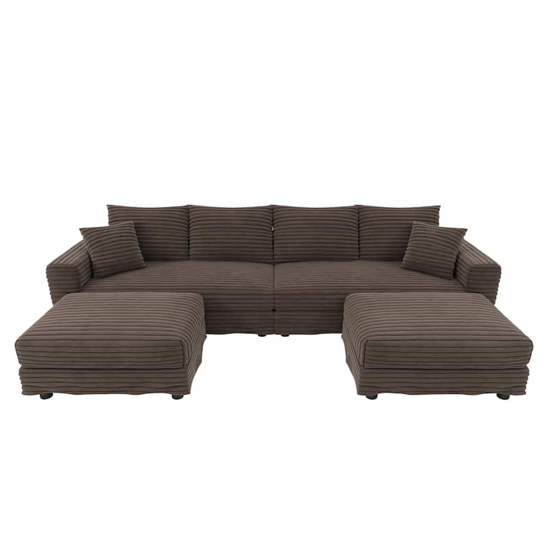 102.4" Corduroy Couch with Ottomans, 4 Seat Convertible Modular Sectional Sofa, Upholstered Couches with Pillows for Living Room
