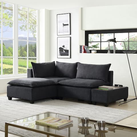 Madison Fabric Down Feather Sectional Loveseat with Ottoman USB Storage Console Table