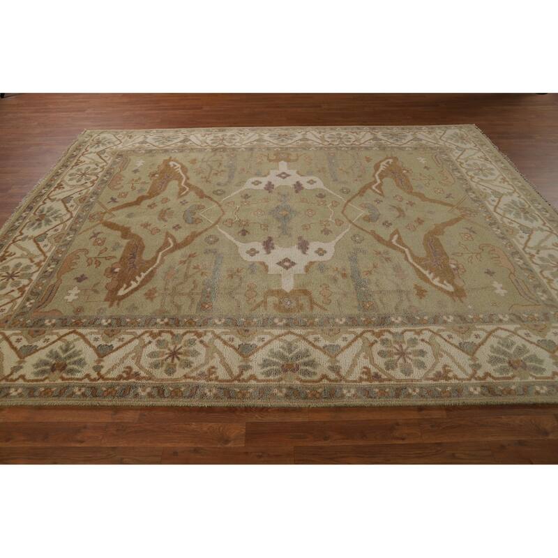 Light Green Oushak Indian Rug Hand-Knotted Wool Carpet - 7'9"x 9'8"