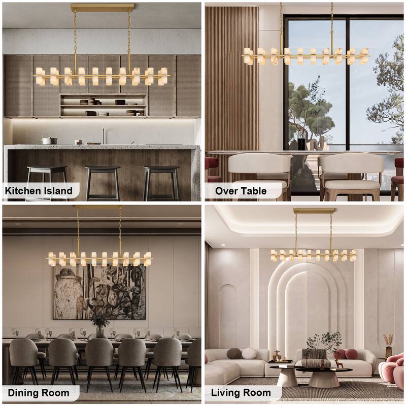 Modern Alabaster Glass Chandelier, Round or Linear Pendant Light with Up & Down Shades, D600-L1370, Copper or Black Finish