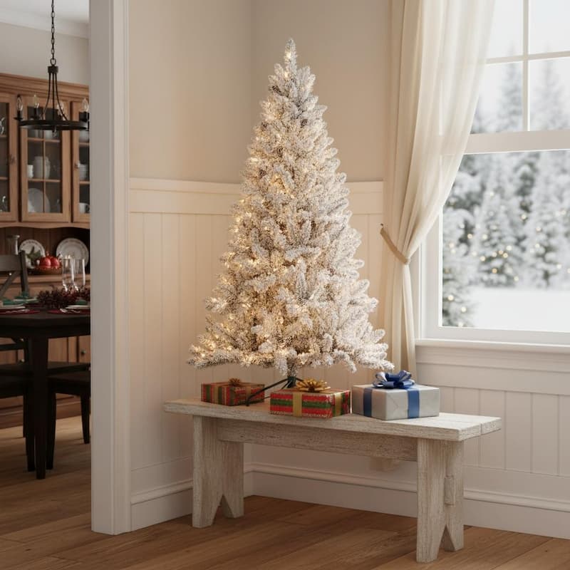 HomeRoots 4' Pre Lit Full Flocked Spruce Christmas Tree - Green - 32.00 in. x 48.00 in. x 32.00 in. - Green - 4 Foot