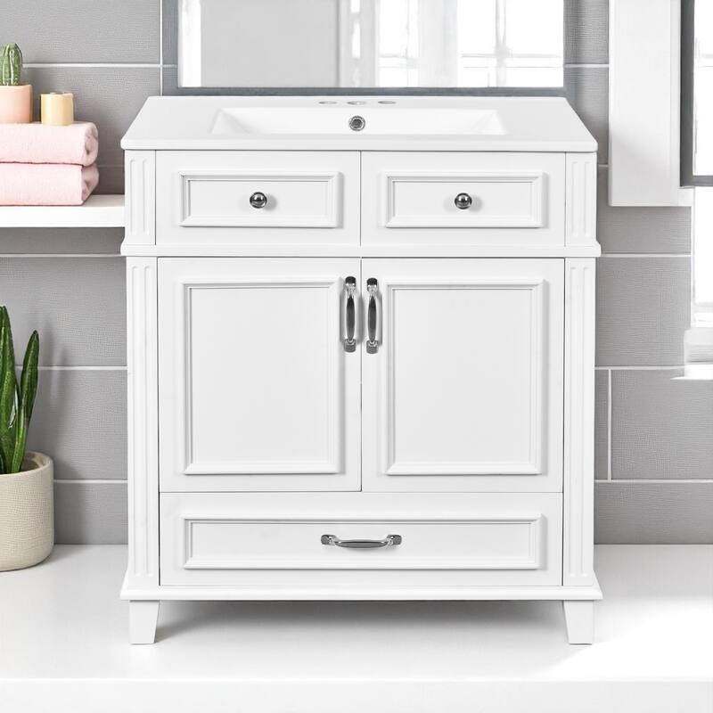 30"Bathroom Vanity with Sink - Solid Wood Frame, Ceramic Basin, Soft-Close Doors,Modern Retro Style with Drawer Storage Cabinet