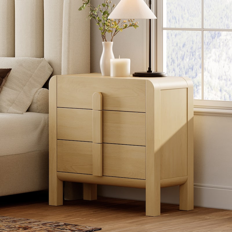 WAMPAT Modern Wood Nightstand With 3 Drawers ,31.5" Large Mid-Century End Table,Curved Bedside Table Storage Cabinet For Bedroom