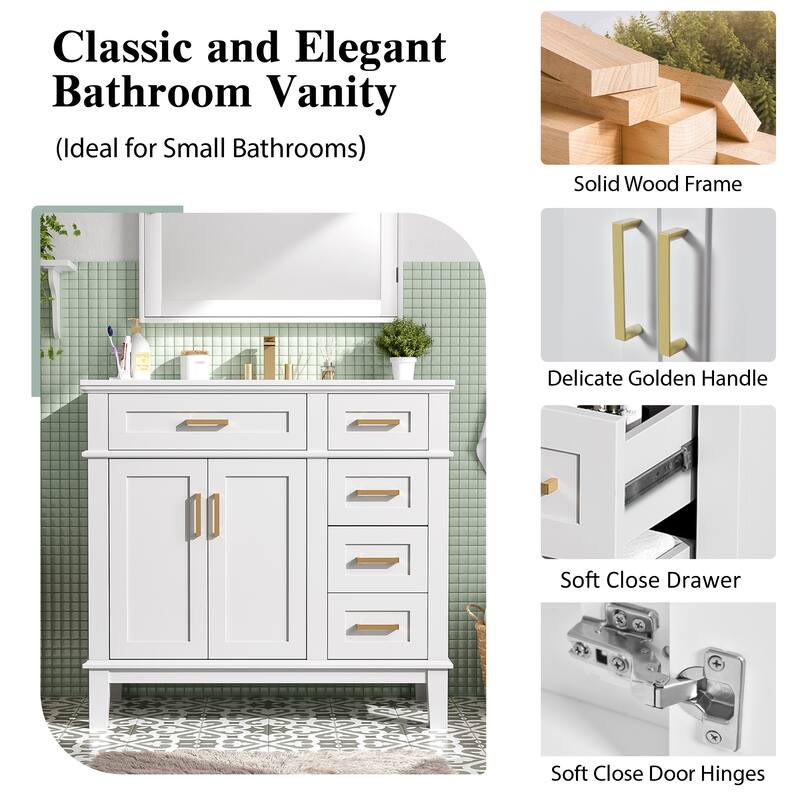 36" Bathroom Vanity Cabinet with Ceramic Sink, Soft-Close Door and 4 Storage Drawers