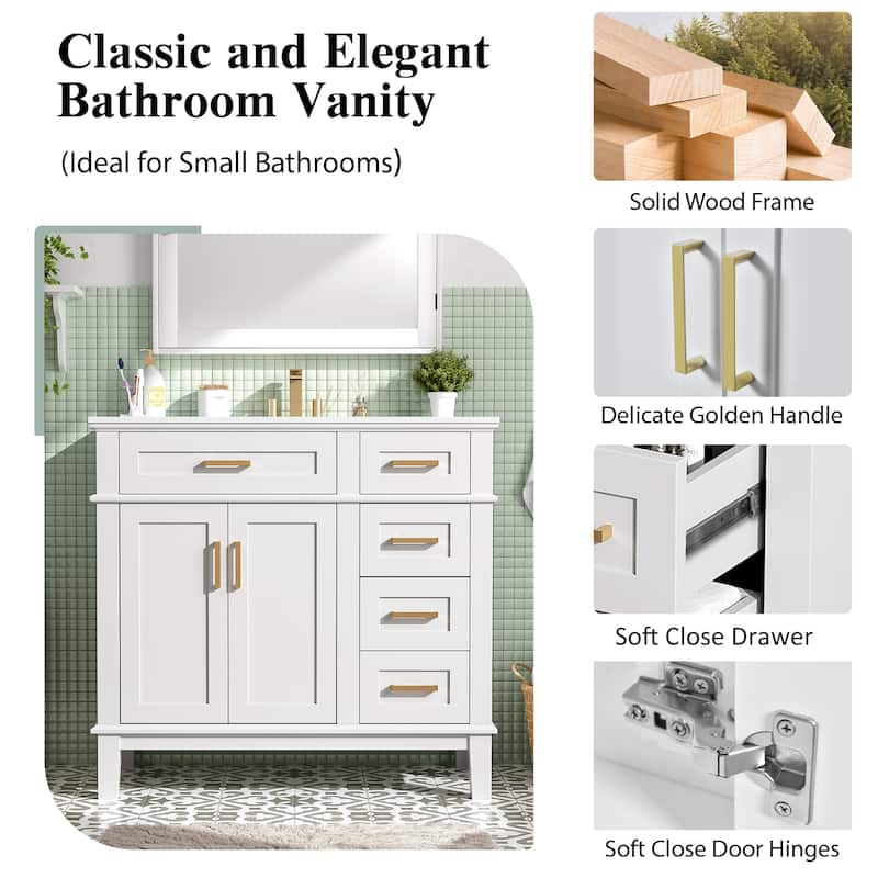 36 Inch White Bathroom Vanity with Ceramic Sink, Modern Freestanding Cabinet with Soft Close Doors and 4 Drawers