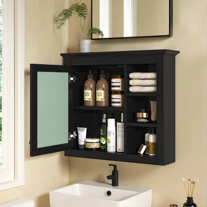 30" x 28" Wall-Mounted Medicine Cabinet, Modern Bathroom Mirror Storage Cabinet with 3 Open Shelves