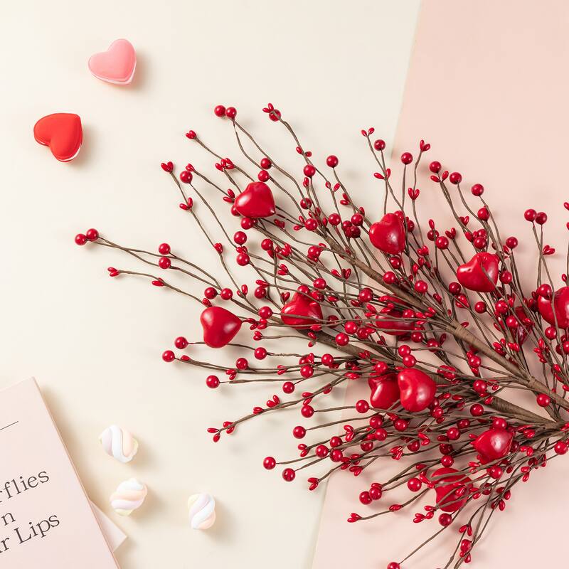 Glitzhome Set of 2 28"H Valentine's Day Berry & Heart Pick Artificial Branch