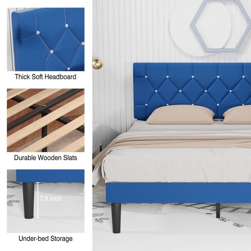 VECELO Upholstered Beds With Diamond Tufted Headboard Platform Bed Frame 7.9'' Under Bed Space