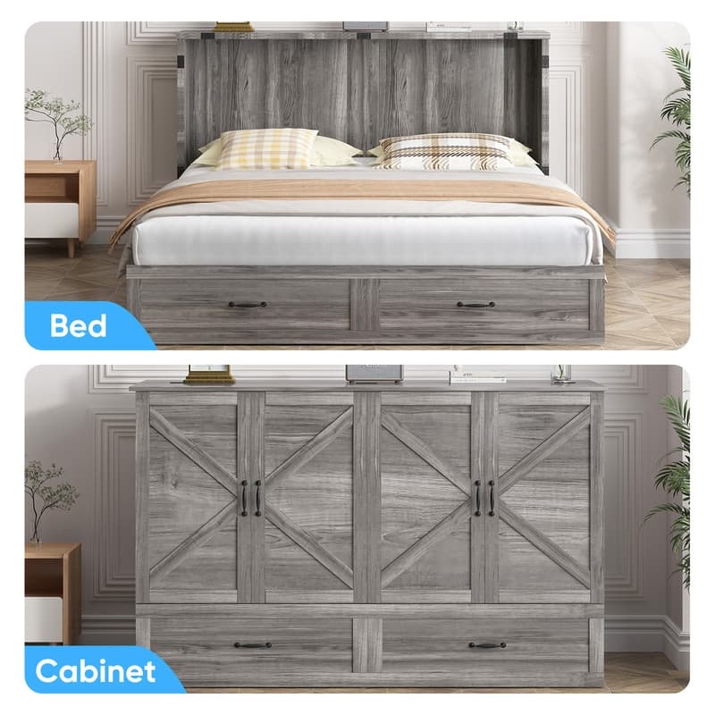 Mixoy Modern Queen Size Murphy Bed with 4.7''Mattress,USB ports,Storage Drawers