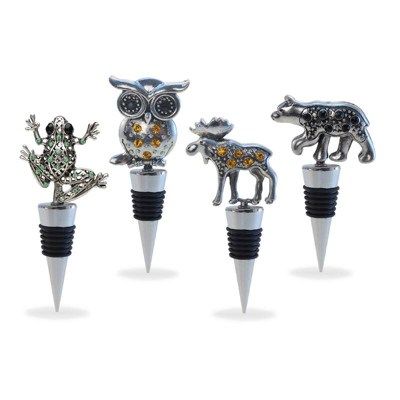 Cheers Black Bear, Moose, Owl, Frog Metal Wine Stopper Set of 4 - 2.5 Lx1.25 Wx4 H inches.