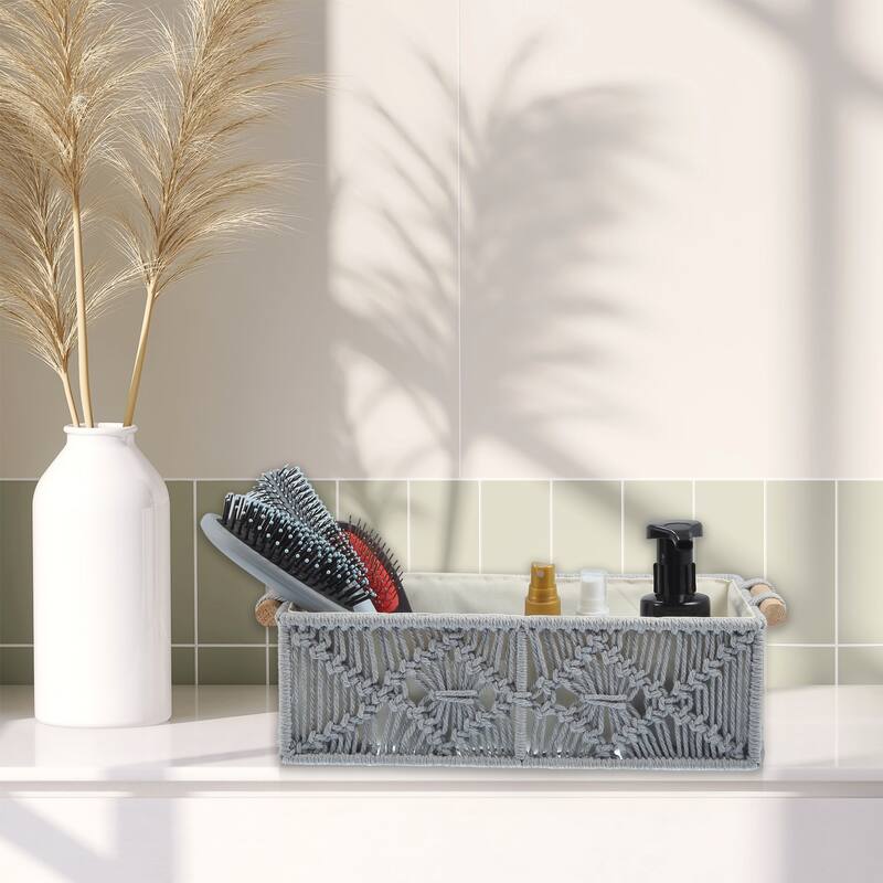 1 Set Woven Baskets Decor Box Macrame Storage Baskets for Home Wood Cotton - Gray