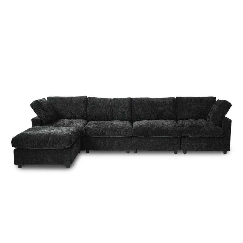 Minimalist Upholstered Cushion Sofa 4-Seater Chenille Modular Sectional Couch with Ottoman