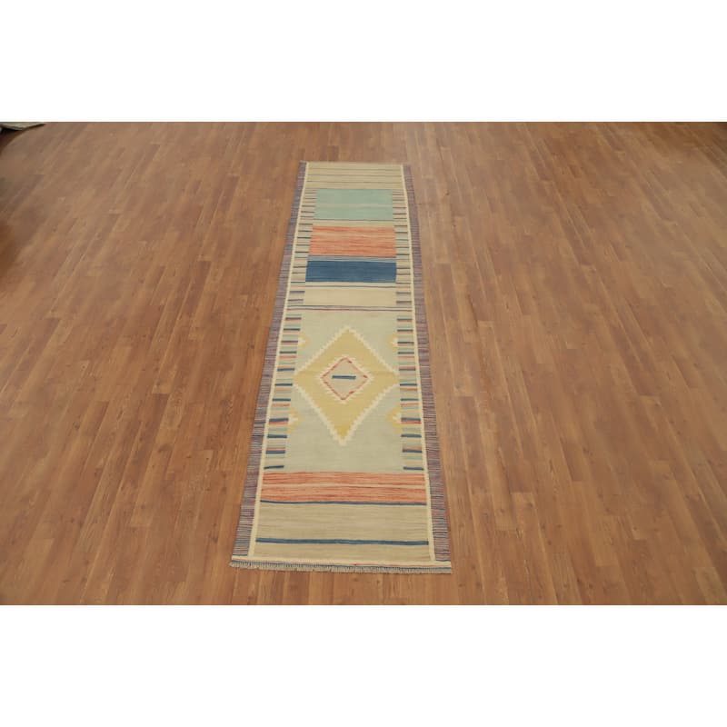 Hand Woven Oriental 100% Wool Carpet Southwestern Tribal Multi-Colored Kilim Runner Rug - 9' 10'' X 2' 6''