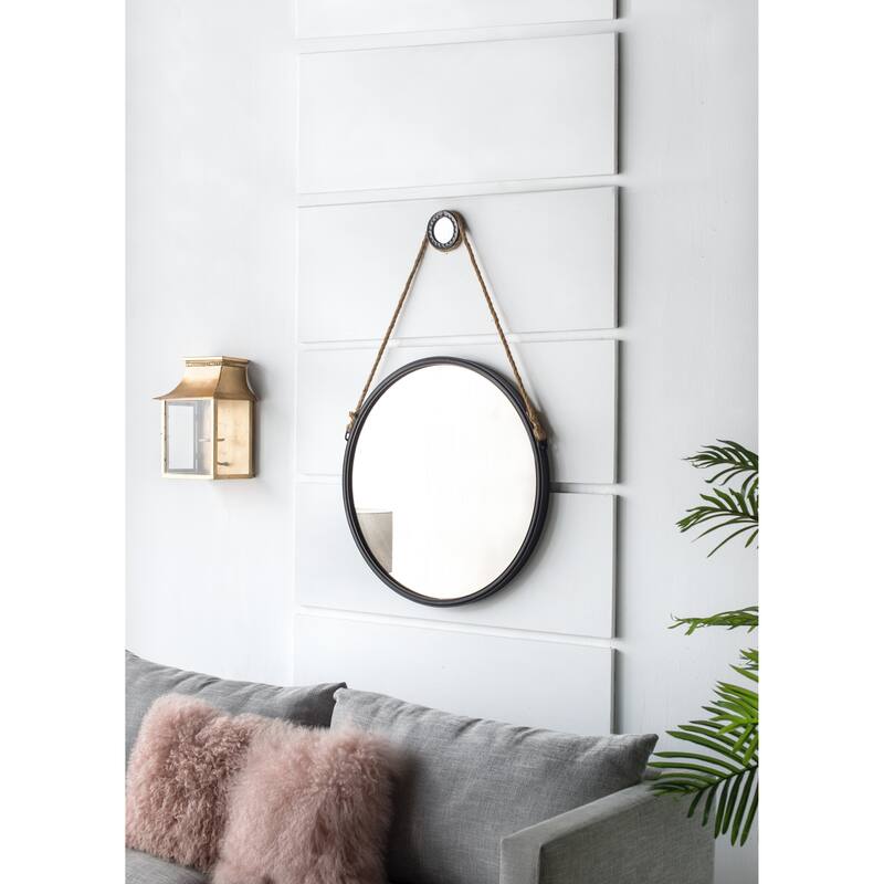 29.5" in On-trend Hanging Round Mirror with Black Framed and with Rope Strap Contemporary Industrial Decor for Bathroom, Bedroom