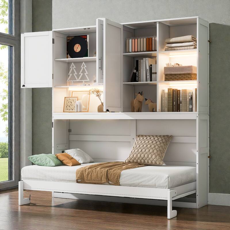 Twin Size Wall Murphy Bed with Top Cabinet, Shelves, Foldable Space-Saving Bed with Light & USB Charging Port