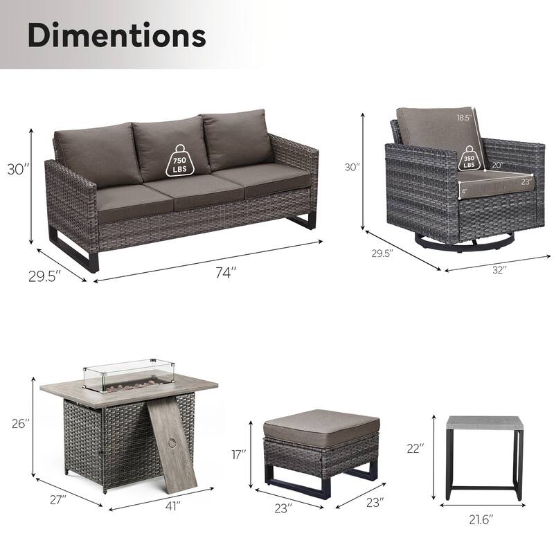 Outdoor Sofa Chairs Ottomans and Fire Table Grey-Grey - Grey