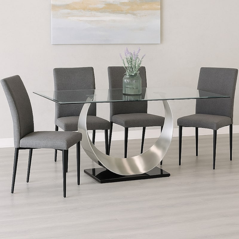 Metal and Glass Dining Table with Unique U Shape Pedestal Base, Chrome and Black