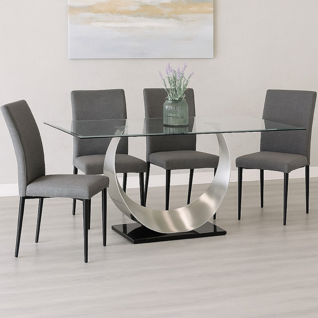 Metal and Glass Dining Table with Unique U Shape Pedestal Base, Chrome and Black