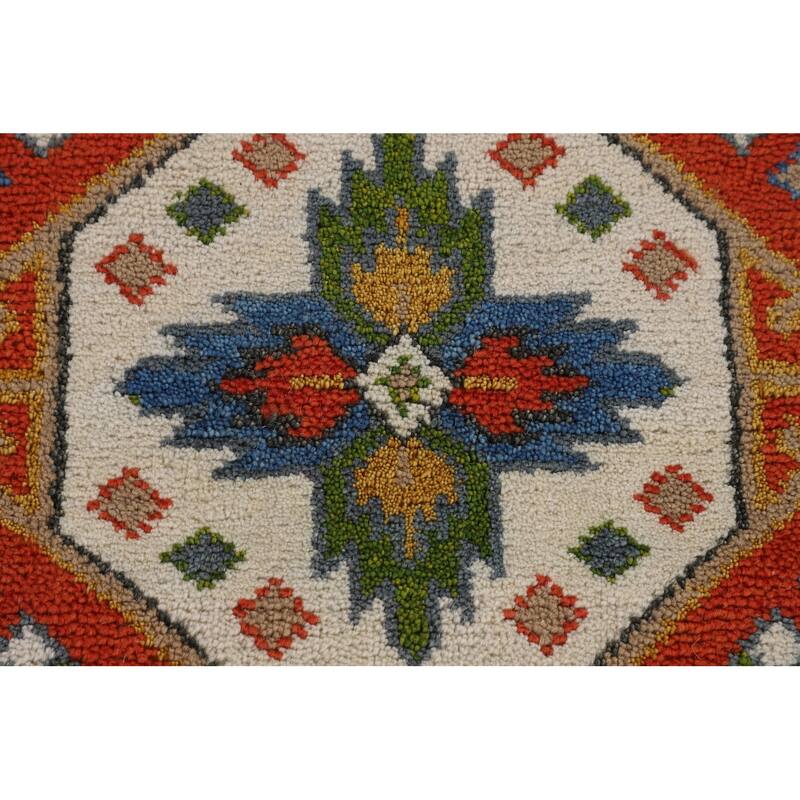 Blue Geometric Kazak Oriental Area Rug Hand-Knotted Wool Carpet - 9'3" x 11'7"