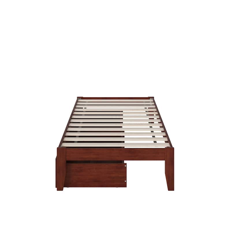 Vogue Twin Bed with USB Charger & Drawers - Walnut Finish, Modern Style Bed Frame with Storage