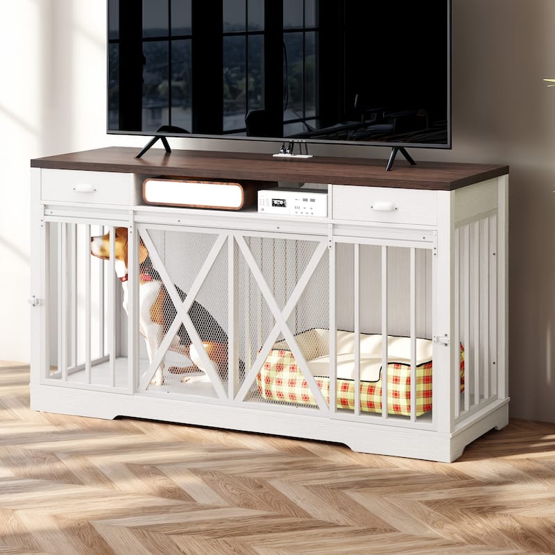 Moasis 62.6" Width Dog Crate Furniture Large Breed TV Stand with Drawers & Sliding Doors and Power Outlet - White