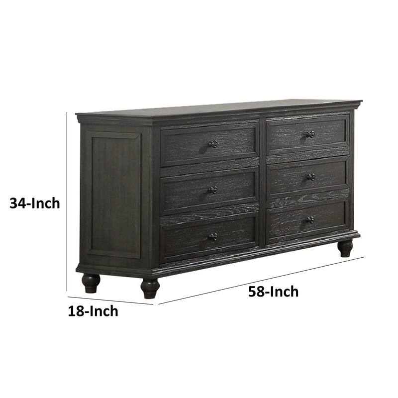 Zenny 58 Inch Wide Dresser with 6 Drawers, Metal Knobs, Farmhouse Gray Wood