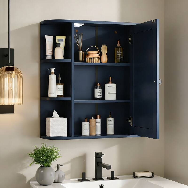 Bathroom Wall Storage Cabinet with Mirror, with Adjustable Wood Shelf & Doors, Mounted Storage Cabinets with 6 Open Shelves