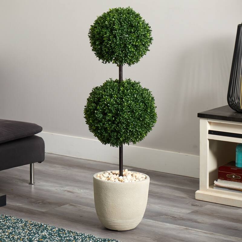 4ft Boxwood Double Ball Topiary Artificial Tree in Oval Planter with UV Resistant Greenery for Indoor or Outdoor Use