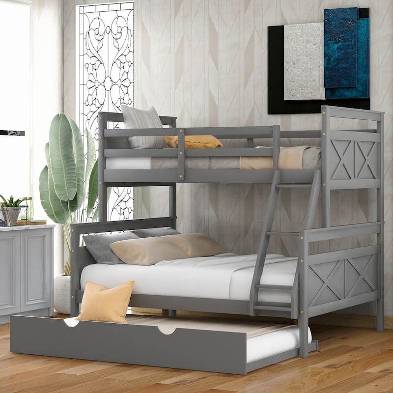 Twin over Full Bunk Bed with Ladder, Twin Size Trundle, Safety Guardrail, White and Grey