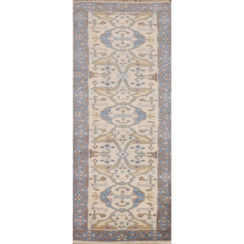 Ivory & Blue Oushak Indian Runner Rug Handmade Wool Carpet - 2'7"x 7'8"