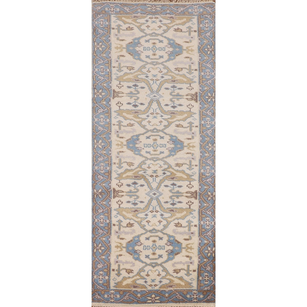Ivory & Blue Oushak Indian Runner Rug Handmade Wool Carpet - 2'7"x 7'8"