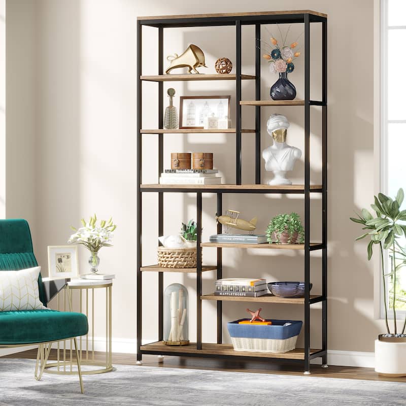 Staggered Bookcase Open Book Shelves Wood Etagere Display Shelf for Living Room