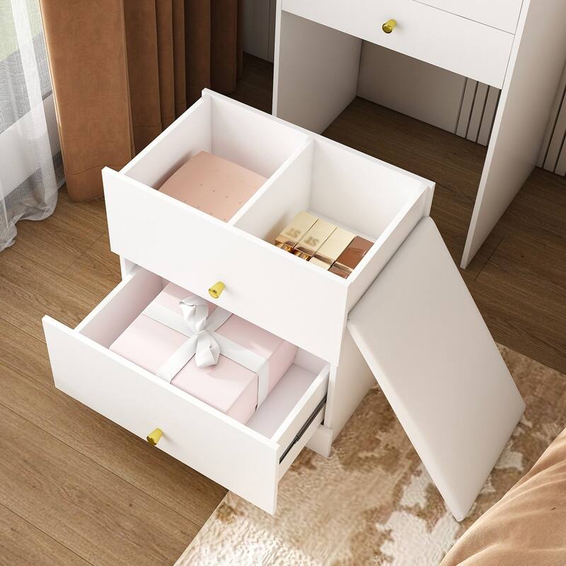 3-in-1 Dressing Table with LED Mirror & Storage Stool - Compact Makeup Vanity with 4 Drawers, Storage Cabinet & Hidden Stool