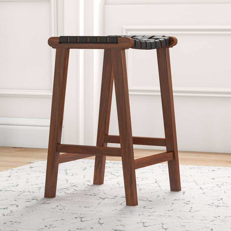 GDFStudio - James Mid-Century Modern 23.6"H Counter Stool with Solid Wood Frame & Genuine Leather Upholstery