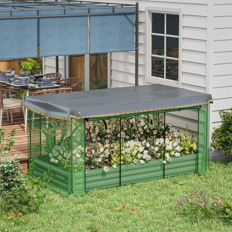 Green Galvanized Steel Raised Garden Bed with Crop Cage and Shade - Green-Black