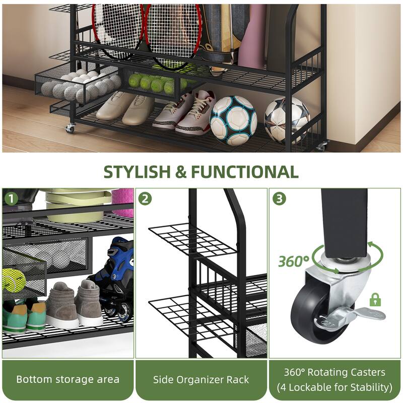 Moasis 4 Slot Golf Bag Storage Rack with Wheels and Drawer for Clubs and Balls