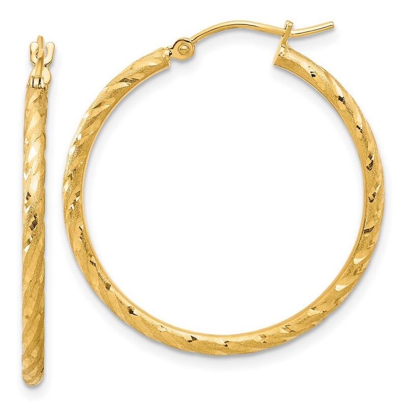 Curata 14k Yellow Gold Polished and Satin and Sparkle Cut Hoop Earrings - 30.3x30mm