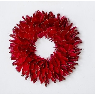 12" Red Feather Christmas Wreath With Gold Glitter Edging On Flat Foam Base