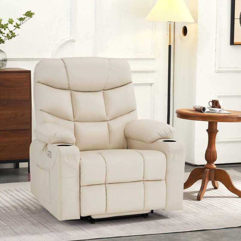 MCombo Electric Power Lift Recliner Chair Sofa for Elderly, 2 Side Pockets and Cup Holders, Faux Leather 7288 - Cream White