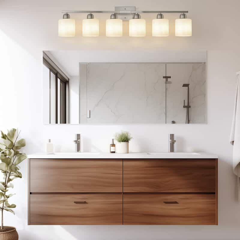 38" 6-Light Nickel Bathroom Vanity - Milky Glass - Wall Sconce for Bedroom