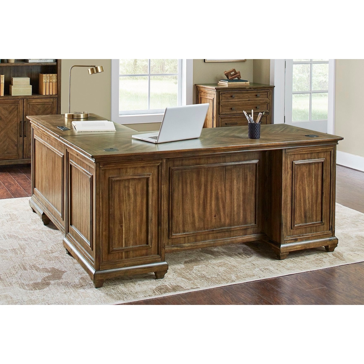 Traditional Wood L-Desk & Return, Writing Table & Return, Office Desk & Return, Corner Desk & Return, Brown