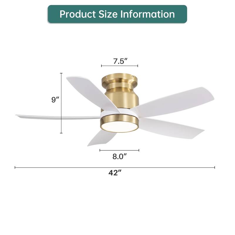 42" Indoor Low Profile Flush Mount Ceiling Fan with Light and Remote Control, Dimmable LED
