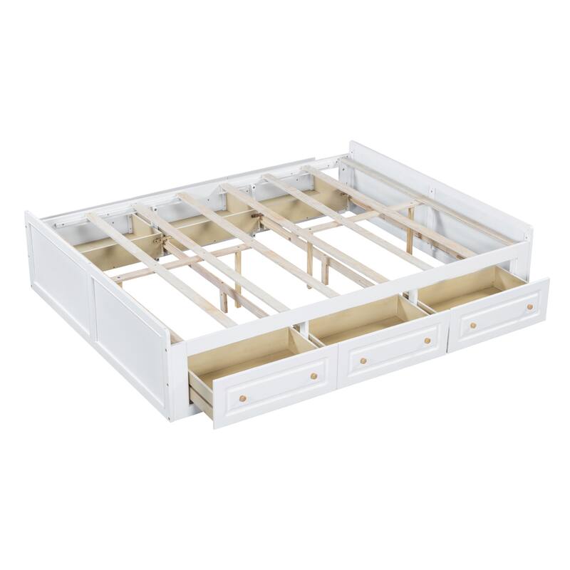 Wood Queen Size Platform Bed Frame with Drawers