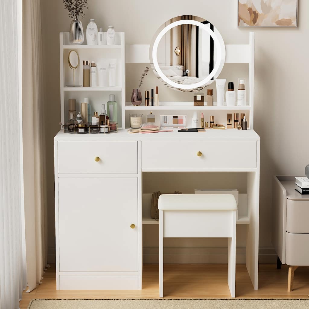 Vanity Table Set with Mirror and LED Lights, Makeup Table with Drawers, Bedroom Writing Desk with 3 Lighting Modes