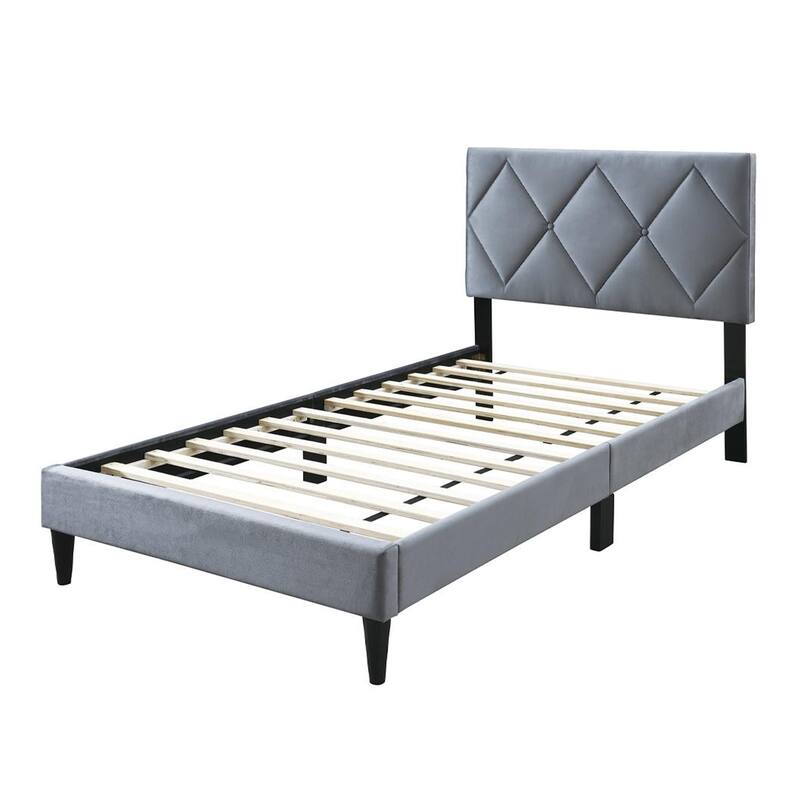 Lilian Full Size Bed, Tufted Gray Velvet Upholstery, Diamond Stitch