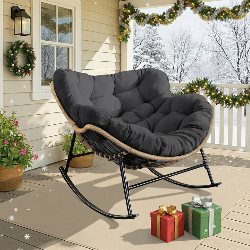 Outdoor Rocking Papasan Chair, Wide Egg Rocking Chair with Thick Padded Cushion, 450 lb Capacity Patio Relaxing Rocker