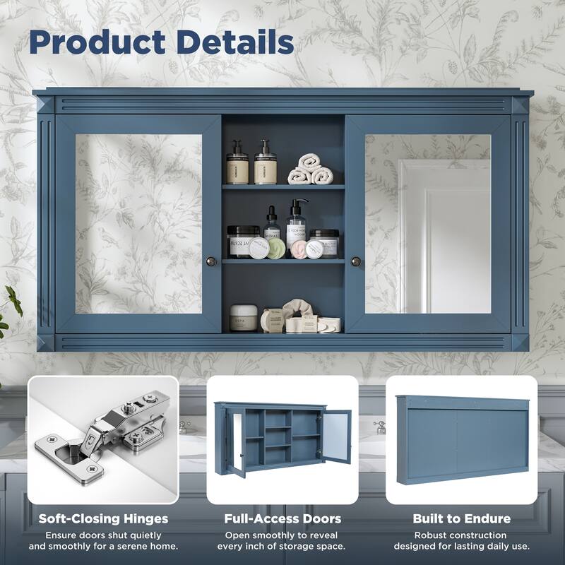 55" Wall-Mount 2-in-1 Mirror Cabinet with Adjustable Shelves & Soft-Closing Hinges, HD Bathroom Storage Organizer