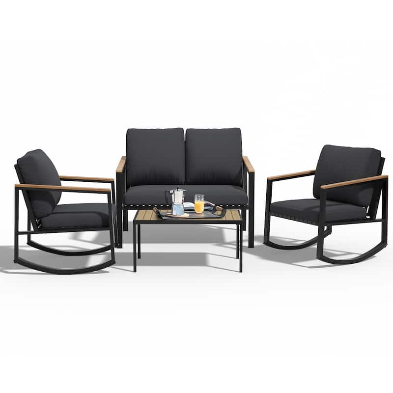 4-Piece Patio Conversation Set with Cushions Rocking Chairs - Grey